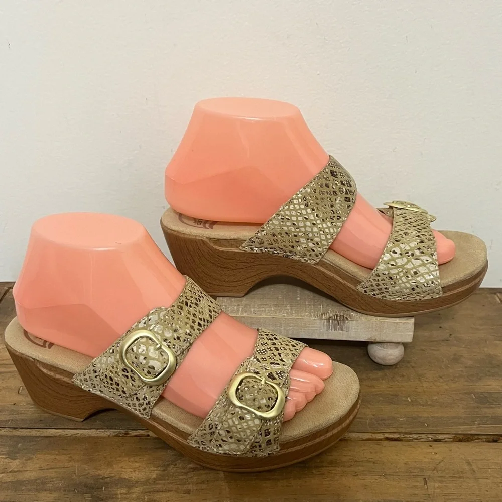 Dansko Snake Print Leather Two Strap Sandals Neutral Matte Gold Metal Buckles